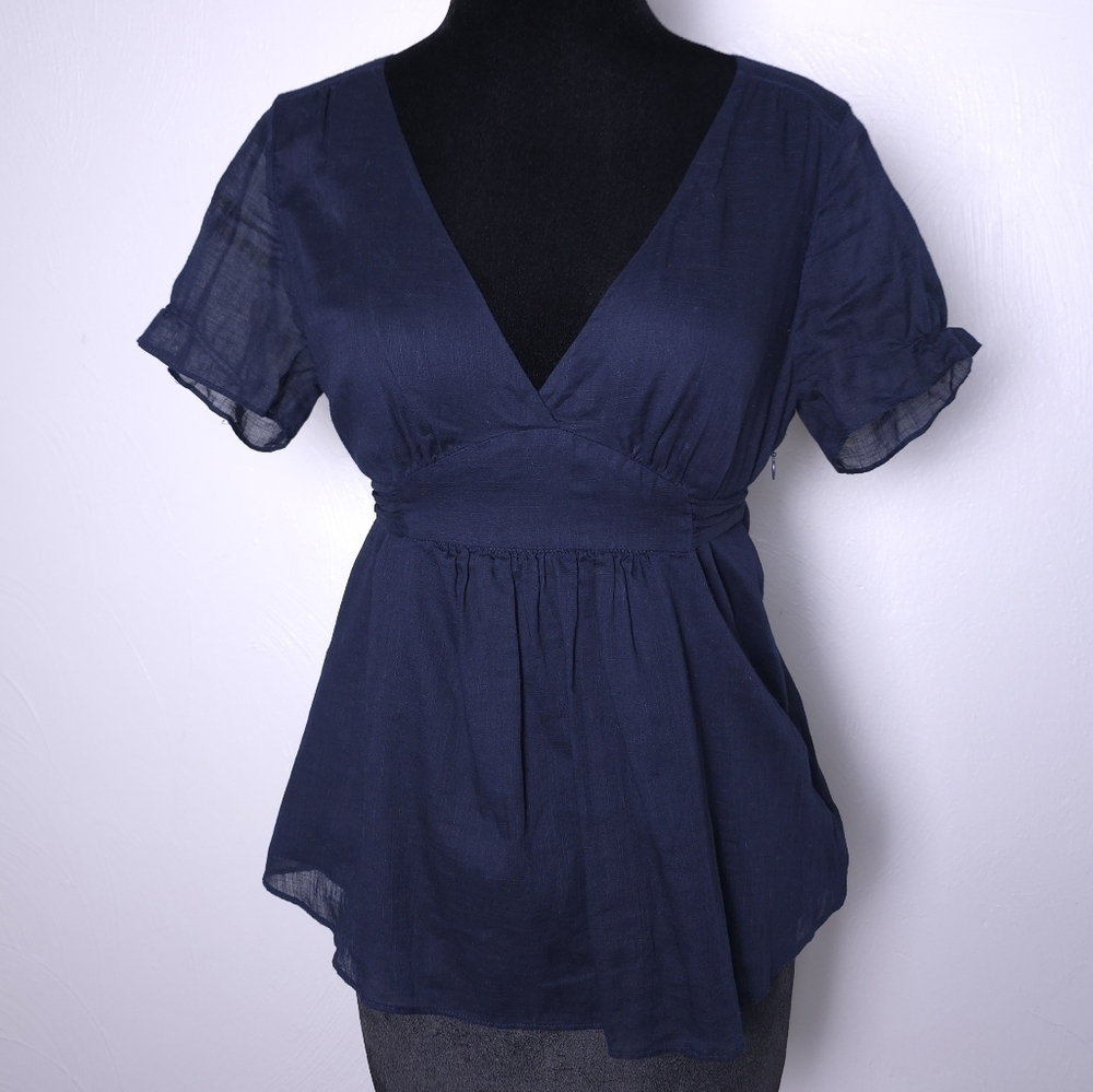 J. Crew Navy Blue V-neck Y2k Baby Doll Blouse Size 8